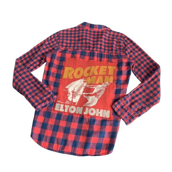 Via Penny Lane Reworked Apparel Elton John Graphic Plaid Flannel Button Up Shirt - Picture 1 of 10
